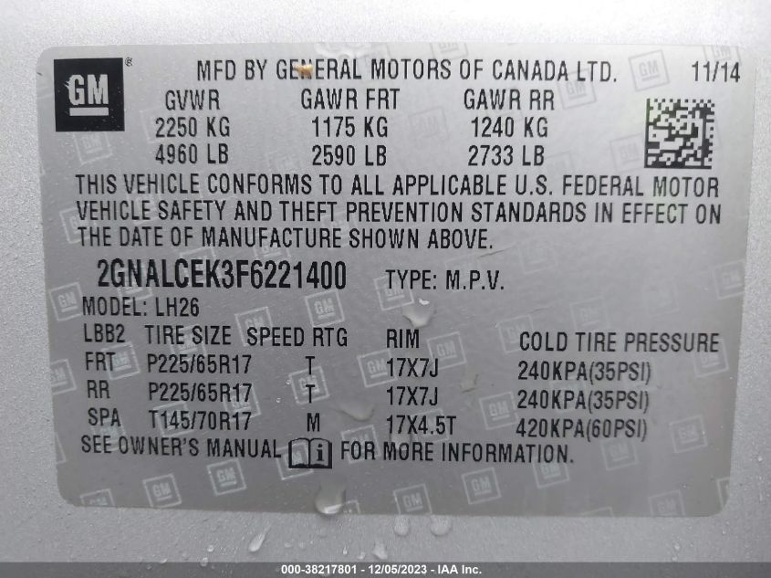 2GNALCEK3F6221400 2015 Chevrolet Equinox 2Lt