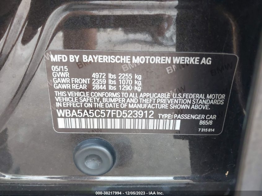 2015 BMW 528I VIN: WBA5A5C57FD523912 Lot: 38217994