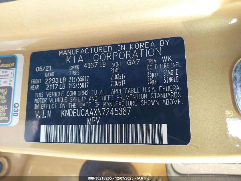 2022 Kia Seltos S VIN: KNDEUCAAXN7245387 Lot: 38218265