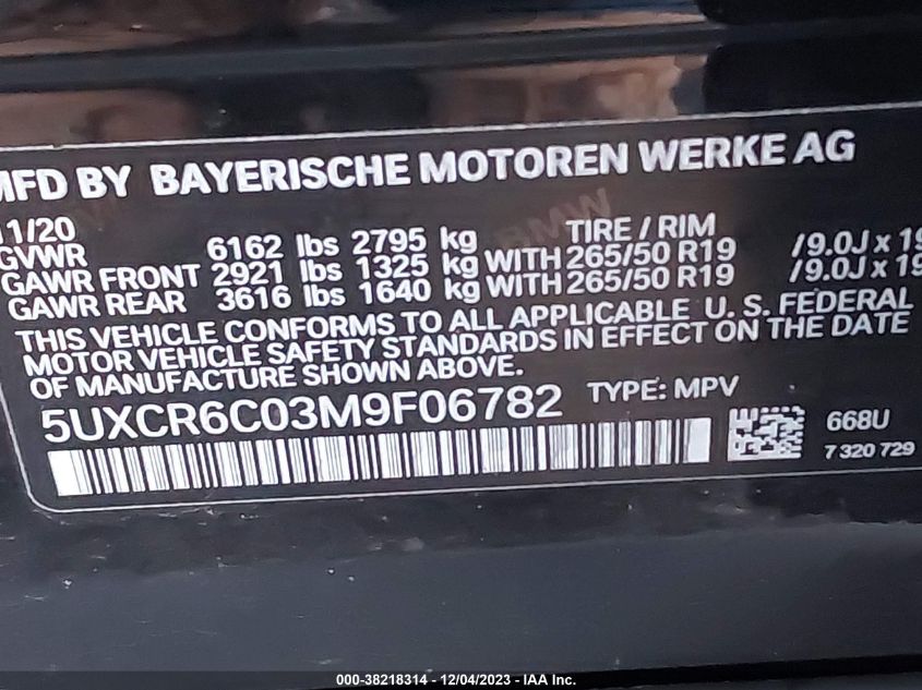 2021 BMW X5 xDrive40I VIN: 5UXCR6C03M9F06782 Lot: 38218314