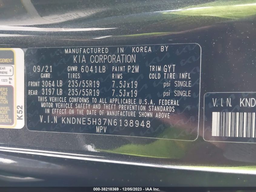 2022 Kia Carnival Mpv Sx VIN: KNDNE5H37N6138948 Lot: 38218369