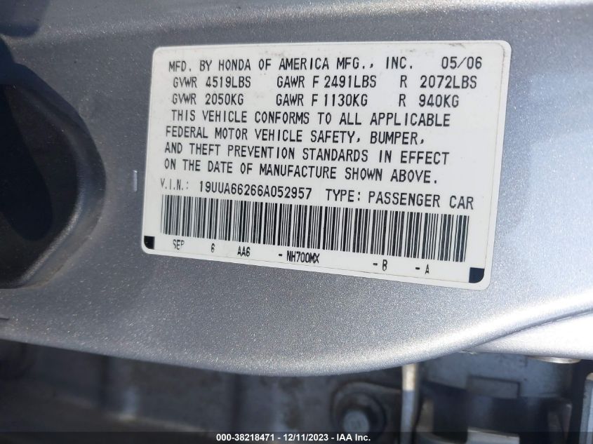 19UUA66266A052957 2006 Acura Tl