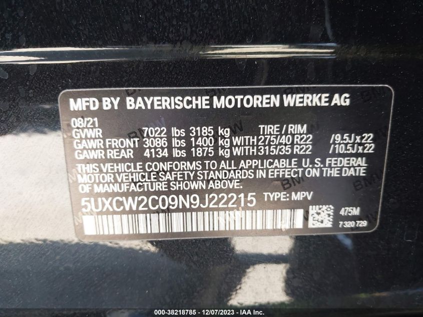 2022 BMW X7 xDrive40I VIN: 5UXCW2C09N9J22215 Lot: 38218785