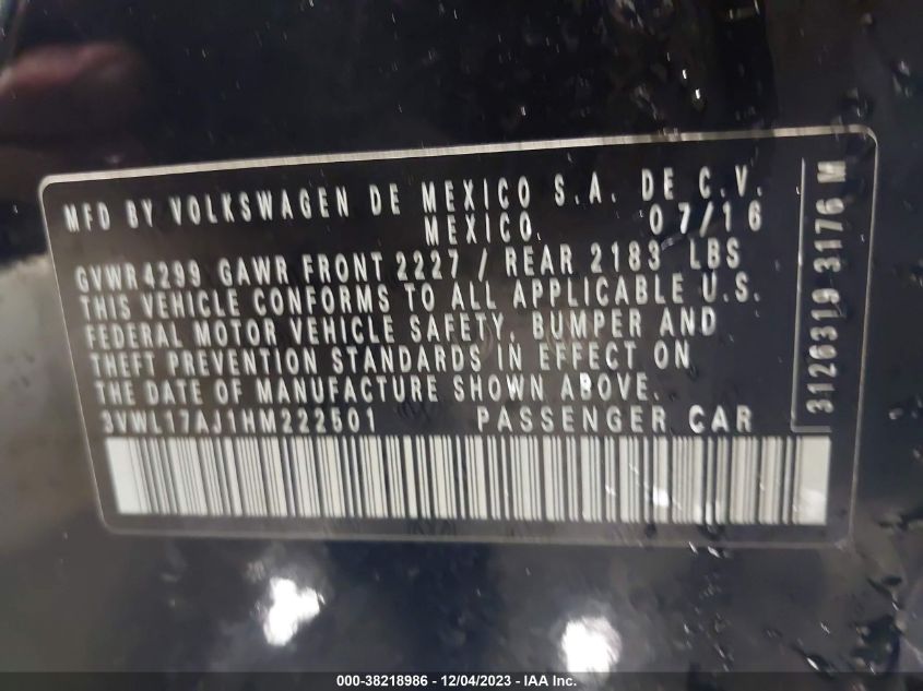 2017 Volkswagen Jetta 1.8T Sel/1.8T Sel Premium VIN: 3VWL17AJ1HM222501 Lot: 38218986