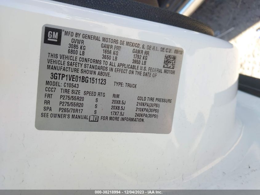 2011 GMC Sierra 1500 Sle VIN: 3GTP1VE01BG151123 Lot: 38218994