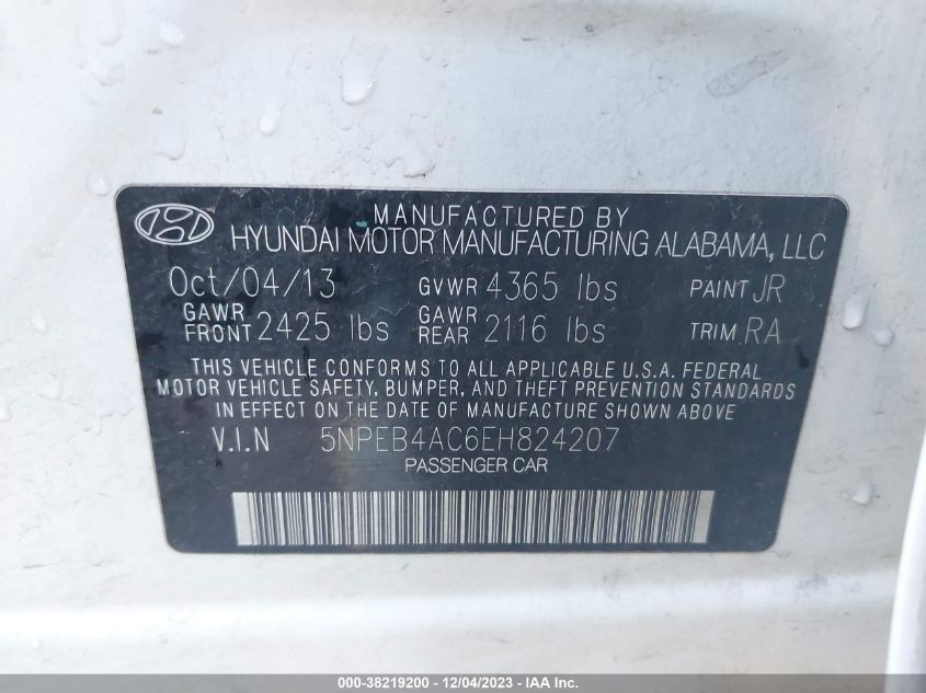 2014 Hyundai Sonata Gls VIN: 5NPEB4AC6EH824207 Lot: 38219200