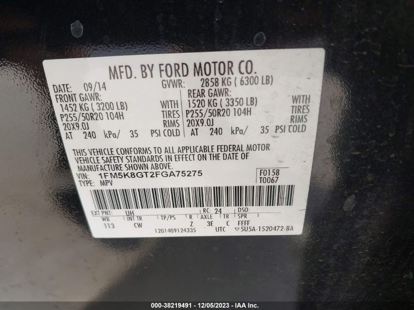 2015 Ford Explorer Sport VIN: 1FM5K8GT2FGA75275 Lot: 38219491