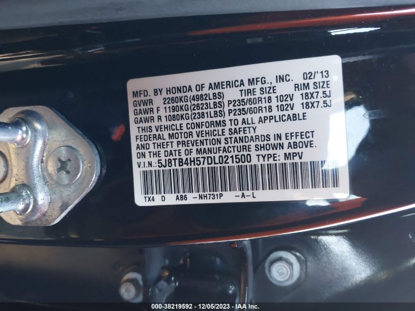 2013 Acura Rdx Tech Pkg VIN: 5J8TB4H57DL021500 Lot: 38219592