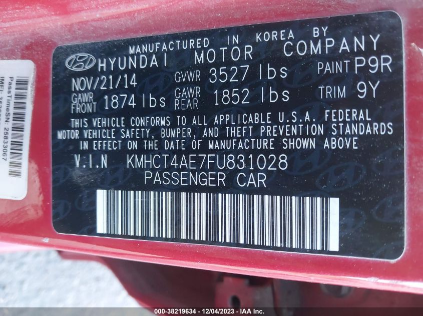 2015 Hyundai Accent Gls VIN: KMHCT4AE7FU831028 Lot: 38219634