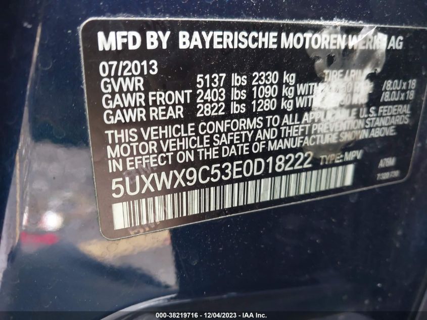 2014 BMW X3 xDrive28I VIN: 5UXWX9C53E0D18222 Lot: 38219716