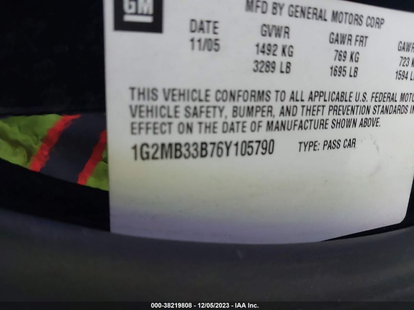 2006 Pontiac Solstice VIN: 1G2MB33B76Y105790 Lot: 38219808