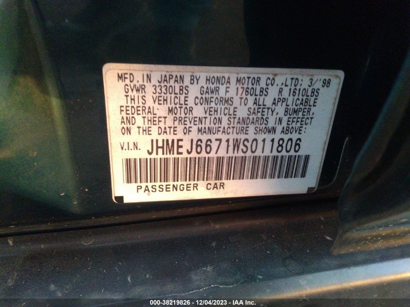 1998 Honda Civic Lx VIN: JHMEJ6671WS011806 Lot: 38219826