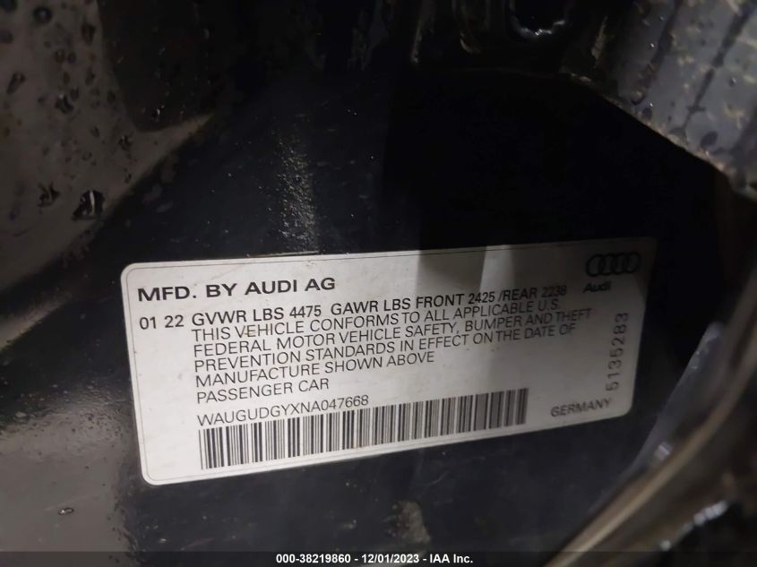 2022 Audi A3 Premium 40 Tfsi Quattro VIN: WAUGUDGYXNA047668 Lot: 38219860