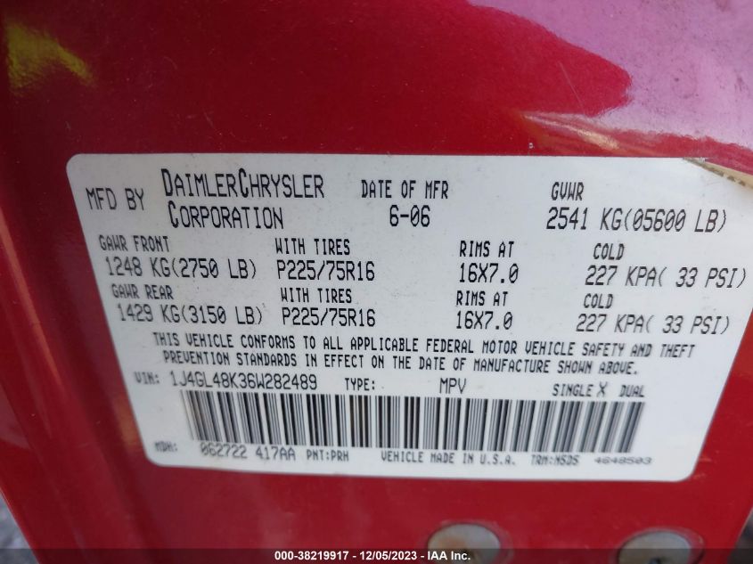 2006 Jeep Liberty Sport VIN: 1J4GL48K36W282489 Lot: 38219917