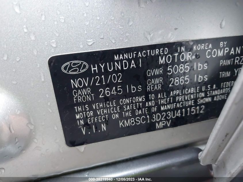 KM8SC13D23U411512 2003 Hyundai Santa Fe Lx/Gls