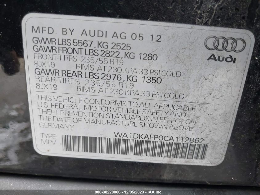 2012 Audi Q5 3.2 Premium Plus VIN: WA1DKAFP0CA112862 Lot: 38220006