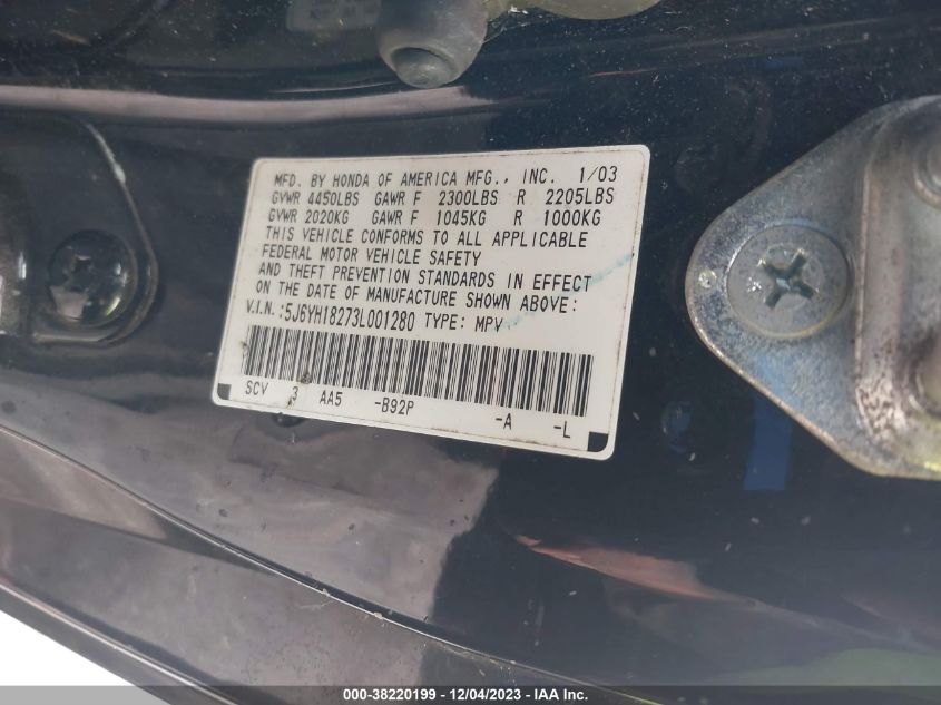 2003 Honda Element Dx VIN: 5J6YH18273L001280 Lot: 38220199