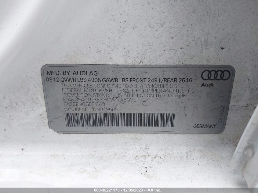 2013 Audi A4 2.0T Premium VIN: WAUBFAFL2DN019685 Lot: 38221175