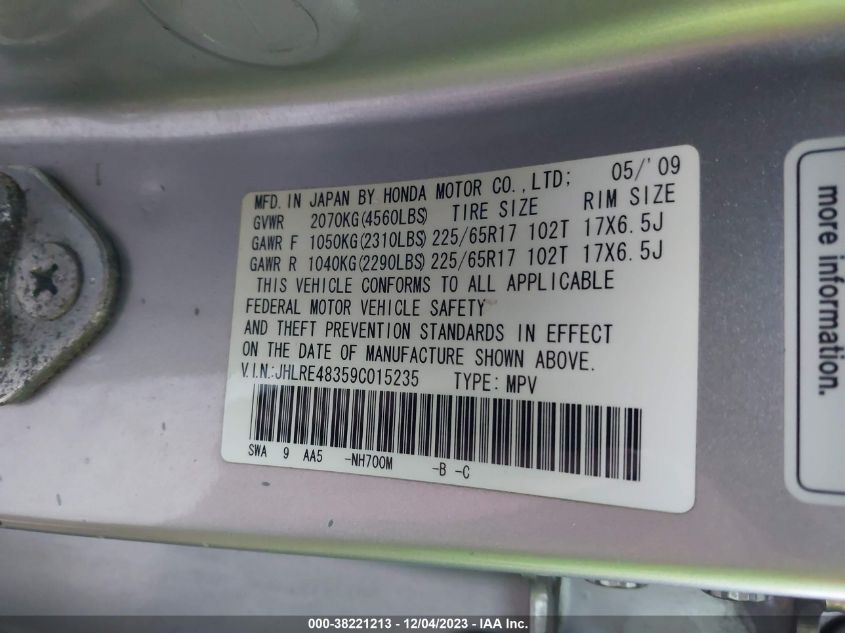 2009 Honda Cr-V Lx VIN: JHLRE48359C015235 Lot: 38221213