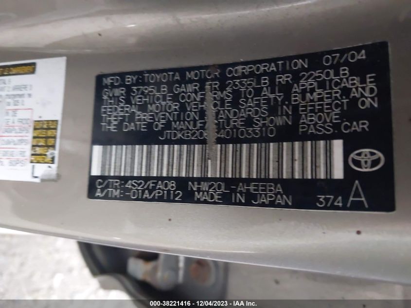 2004 Toyota Prius VIN: JTDKB20U340103310 Lot: 38221416