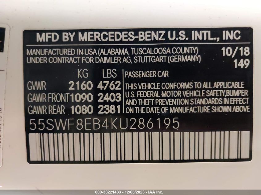 2019 Mercedes-Benz C 300 4Matic VIN: 55SWF8EB4KU286195 Lot: 38221483