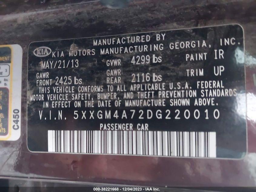 2013 Kia Optima Lx VIN: 5XXGM4A72DG220010 Lot: 38221668