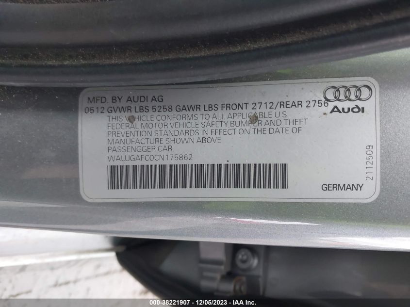 2012 Audi A6 3.0 Premium VIN: WAUJGAFC0CN175862 Lot: 38221907