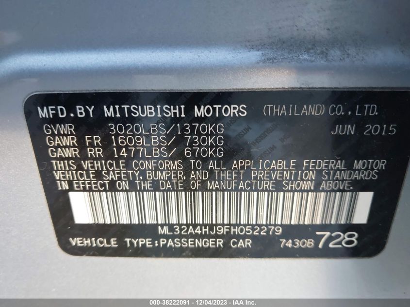 ML32A4HJ9FH052279 2015 Mitsubishi Mirage Es