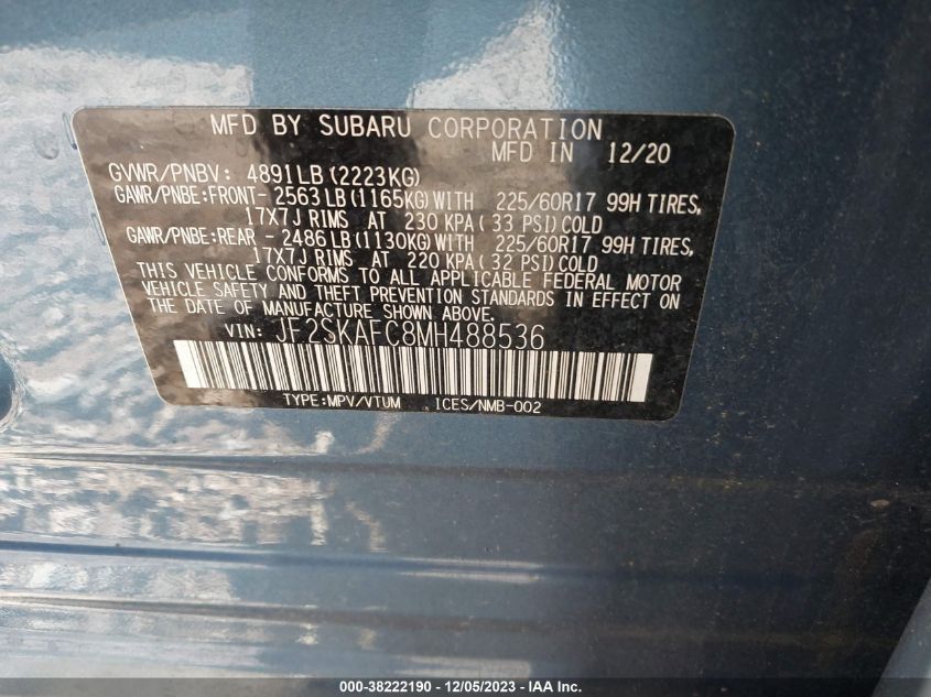 2021 Subaru Forester Premium VIN: JF2SKAFC8MH488536 Lot: 38222190