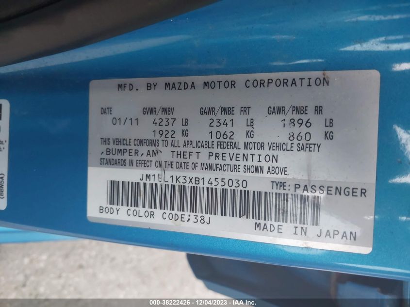 2011 Mazda Mazdaspeed3 Sport VIN: JM1BL1K3XB1455030 Lot: 38222426
