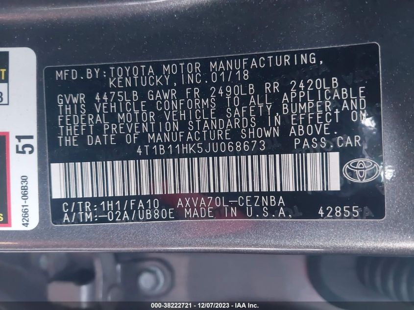 4T1B11HK5JU068673 2018 Toyota Camry Le