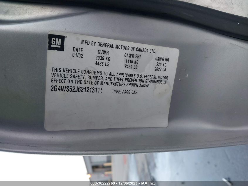 2002 Buick Century Custom VIN: 2G4WS52J621213111 Lot: 38222769