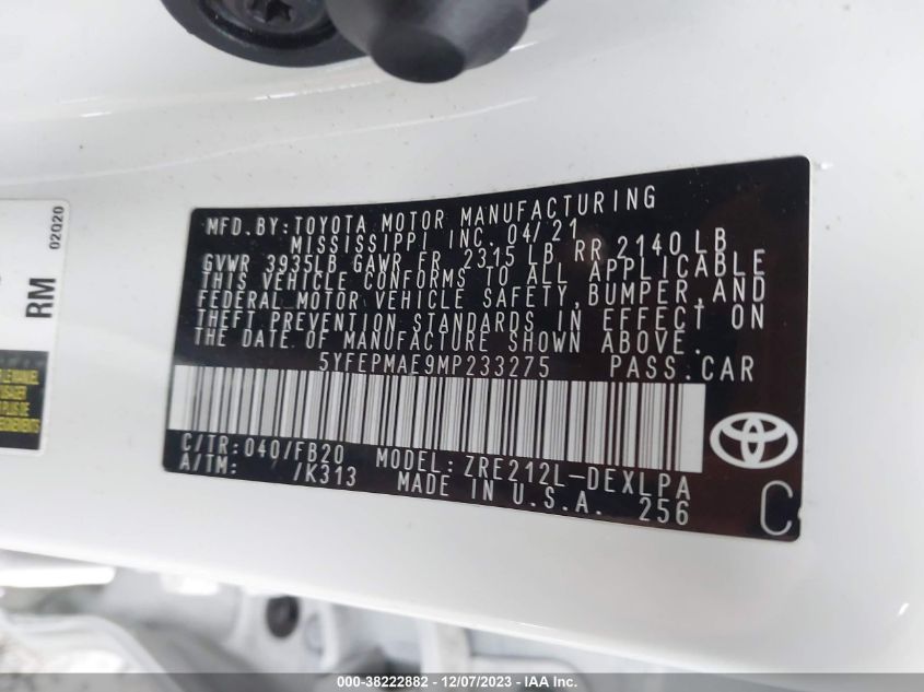 5YFEPMAE9MP233275 2021 Toyota Corolla Le