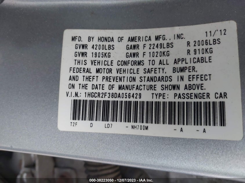 2013 HONDA ACCORD VIN: 1HGCR2F38DA056429