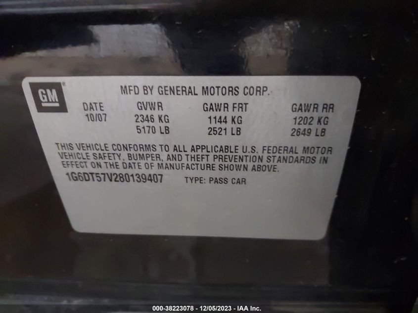 2008 Cadillac Cts Standard VIN: 1G6DT57V280139407 Lot: 38223078