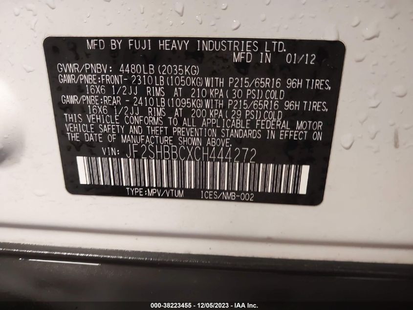 2012 Subaru Forester 2.5X VIN: JF2SHBBCXCH444272 Lot: 38223455