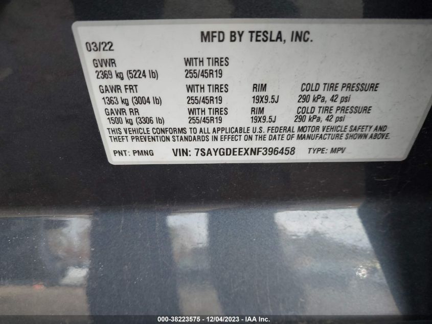 2022 Tesla Model Y Long Range Dual Motor VIN: 7SAYGDEEXNF396458 Lot: 38223575