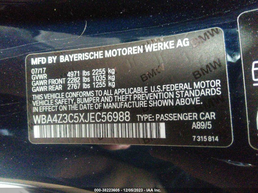 2018 BMW 430I xDrive VIN: WBA4Z3C5XJEC56988 Lot: 38223605