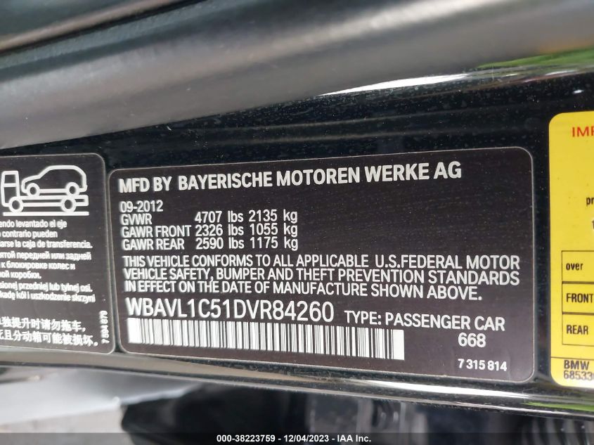 2013 BMW X1 xDrive28I VIN: WBAVL1C51DVR84260 Lot: 38223759