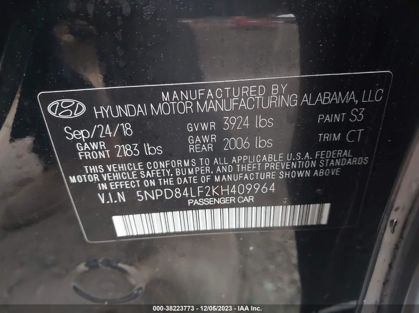 2019 Hyundai Elantra Sel VIN: 5NPD84LF2KH409964 Lot: 38223773