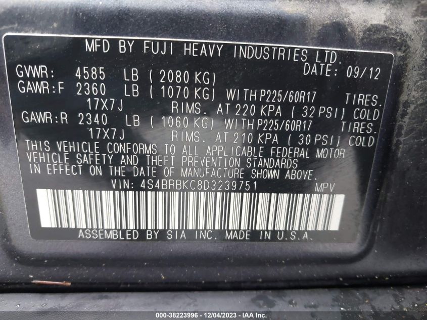 2013 Subaru Outback 2.5I Limited VIN: 4S4BRBKC8D3239751 Lot: 38223996