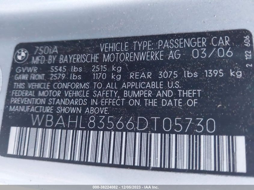 2006 BMW 750I VIN: WBAHL83566DT05730 Lot: 38224082