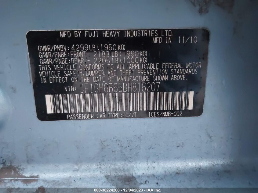 2011 Subaru Impreza 2.5I Premium VIN: JF1GH6B65BH816207 Lot: 38224208