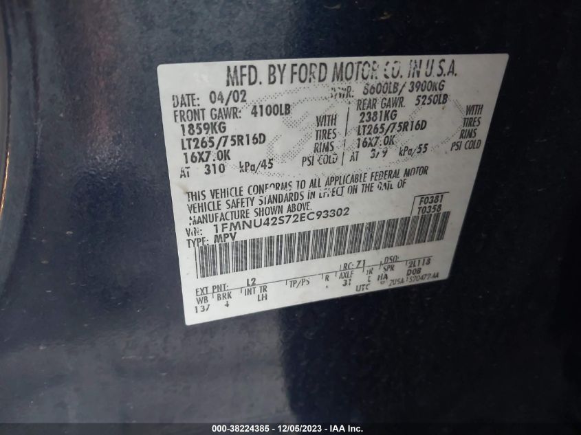 2002 Ford Excursion Limited Ultimate/Limited VIN: 1FMNU42S72EC93302 Lot: 38224385