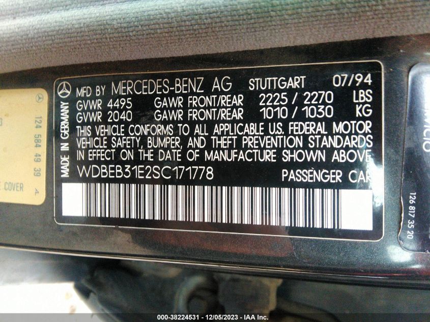 1995 Mercedes-Benz E 300D/300D Special VIN: WDBEB31E2SC171778 Lot: 38224531