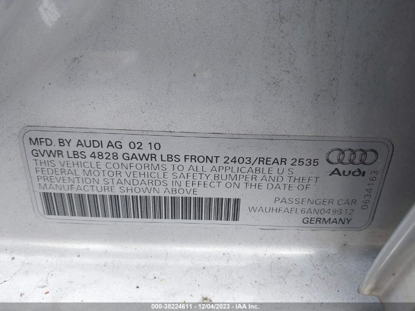 2010 Audi A4 2.0T Premium Plus VIN: WAUHFAFL6AN049312 Lot: 38224611