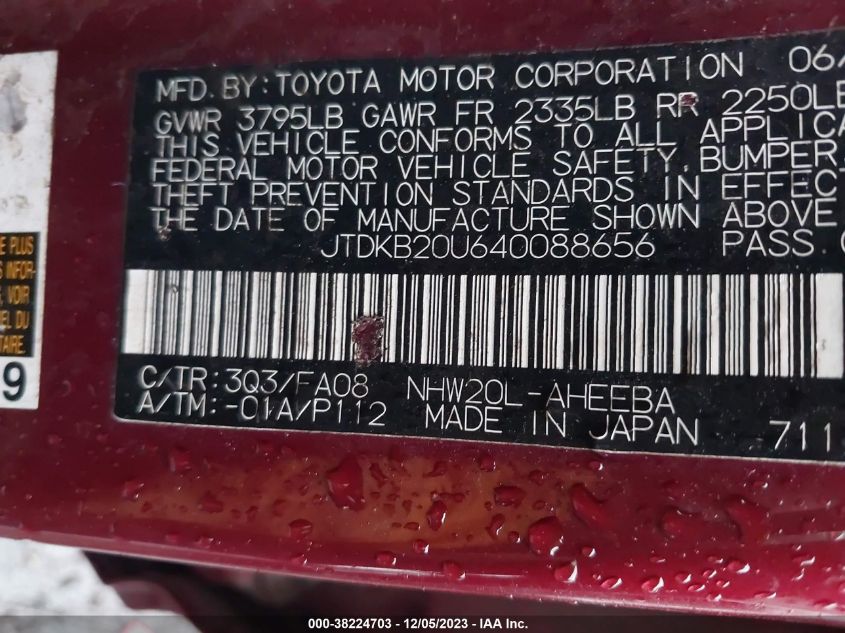 2004 Toyota Prius VIN: JTDKB20U640088656 Lot: 38224703