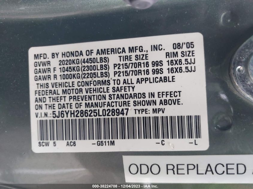 2005 Honda Element Ex VIN: 5J6YH28625L028947 Lot: 38224708
