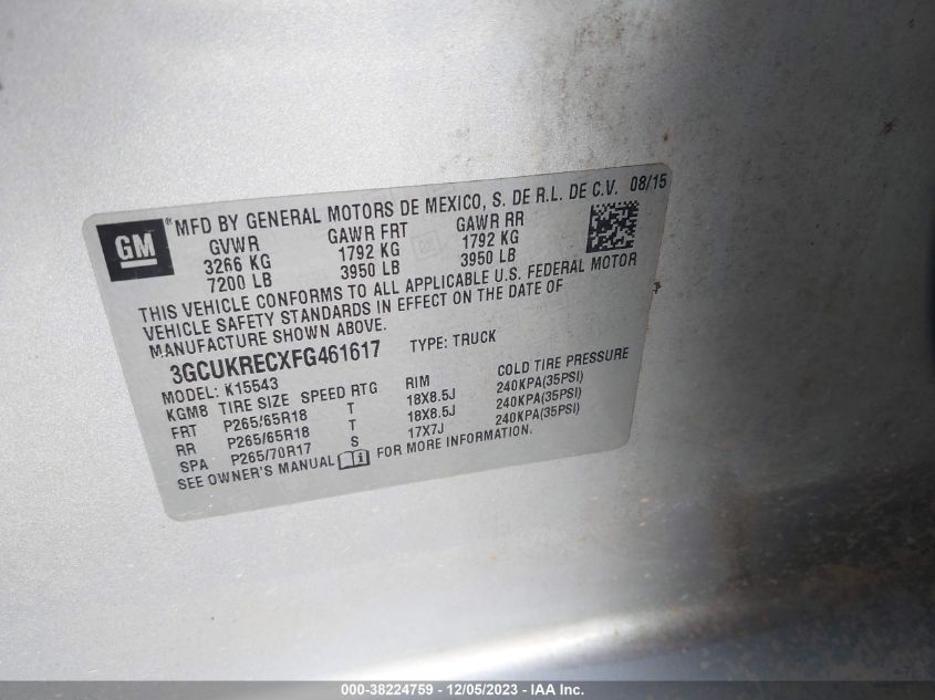 2015 Chevrolet Silverado 1500 2Lt VIN: 3GCUKRECXFG461617 Lot: 38224759