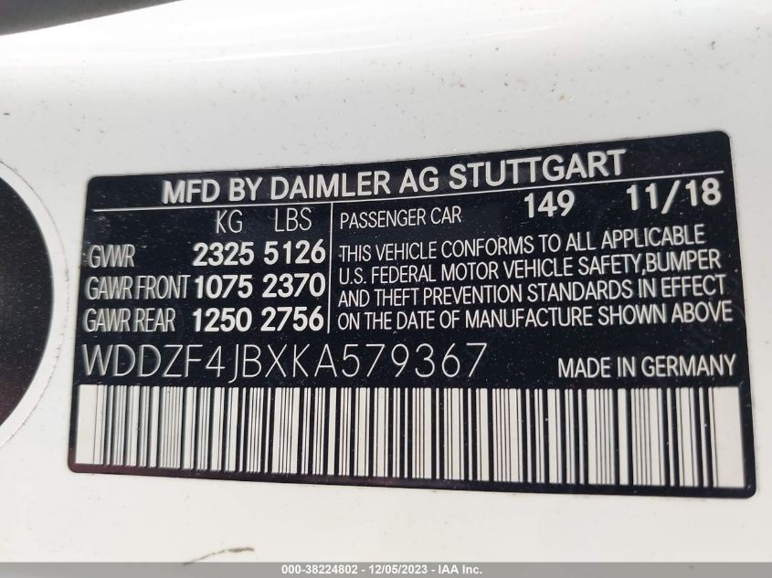 2019 Mercedes-Benz E 300 VIN: WDDZF4JBXKA579367 Lot: 38224802